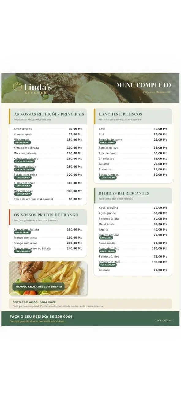 Full Linda’s Kitchen menu sheet